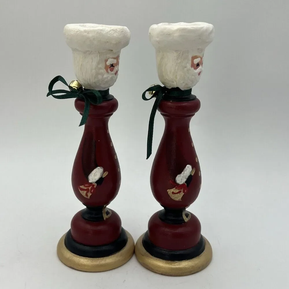 Set 2 Hand Painted Folk Art Wood Candlestick Santa Father Christmas Signed